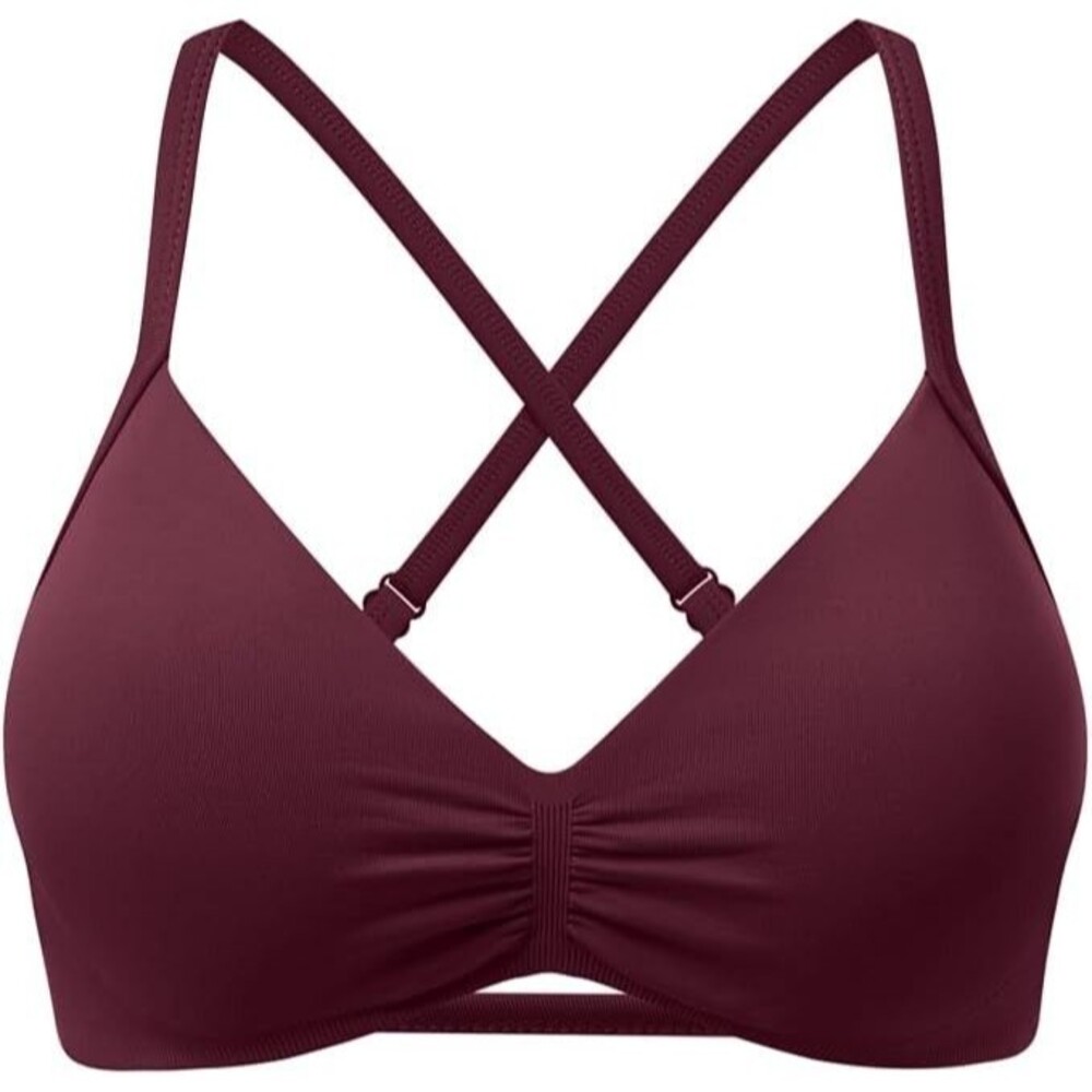 Women's Ruched Sports Bra Strappy Cross Back Padded V-Neck Yoga Workout Bra - Picture 2 of 5
